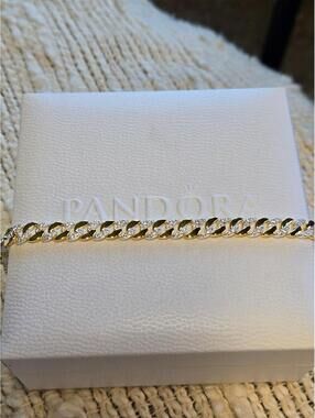 Pandora Timeless Pave Cuban Gold plated Chain Bracelet cubic zirconia